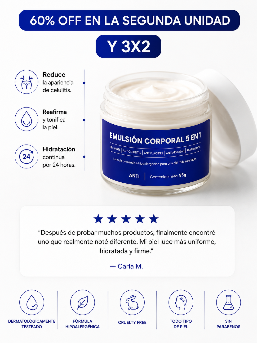 EMULSIÓN CORPORAL CINCO EN UNO! Con Efecto Drenante, Anticelulitis, Antiflacidez, Antiarrugas y Reafirmante.