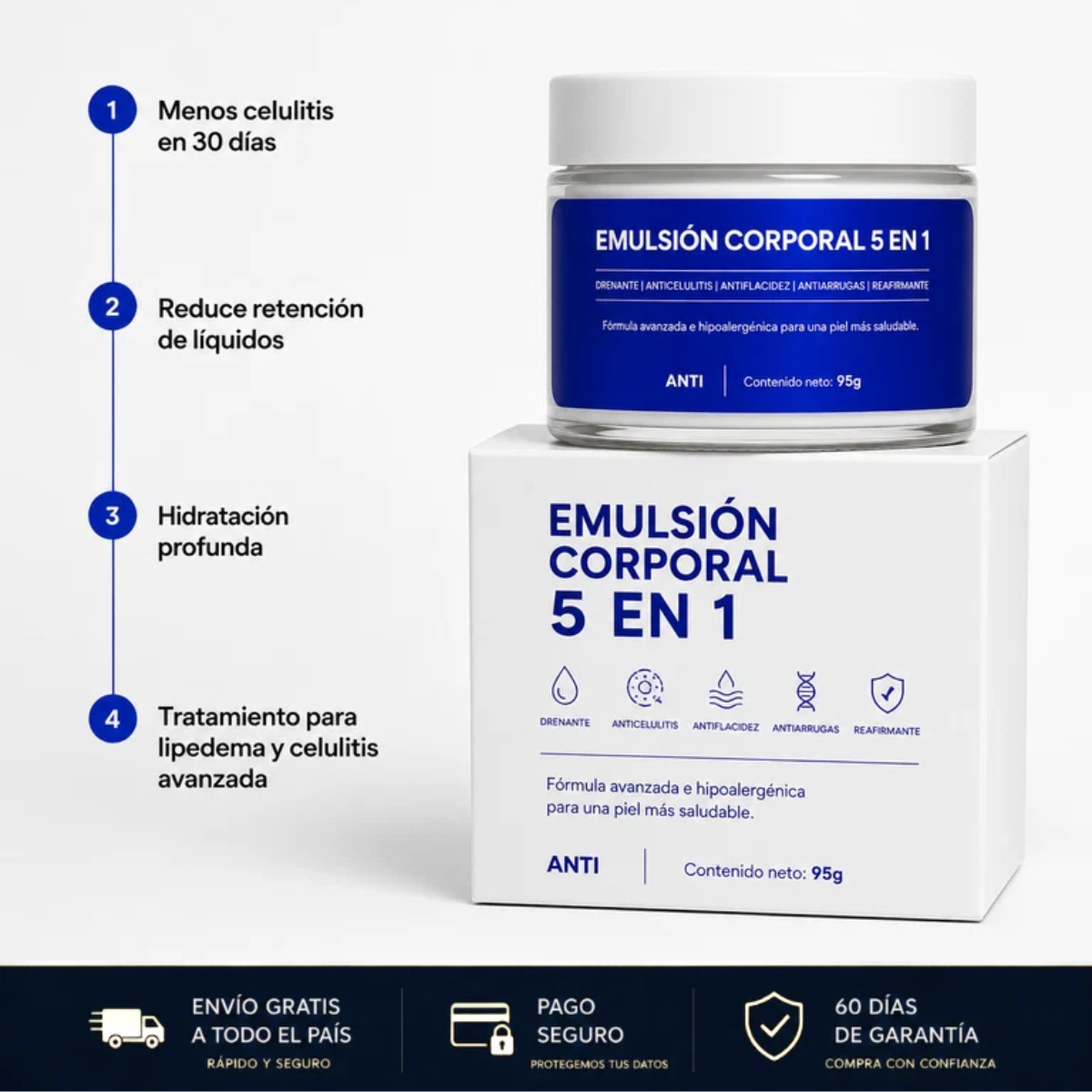EMULSIÓN CORPORAL CINCO EN UNO! Con Efecto Drenante, Anticelulitis, Antiflacidez, Antiarrugas y Reafirmante.